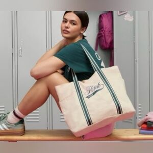 💚NWT Victorias Secret PINK 2004 Limited Edition beige canvas tote/dark green